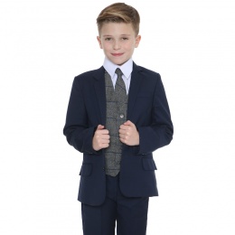 Boys Navy & Grey Tweed Check 5 Piece Slim Fit Suit